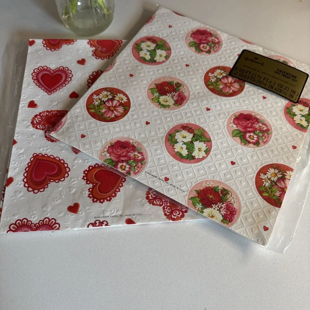 Hallmark Valentine Gift Wrap Paper Lot of‎ 2 Packs Vintage 80s Embossed Floral